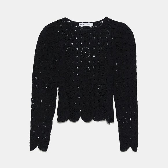 ZARA Crochet Textured weave top with voluminous/puff sleeves - Picture 7 of 9